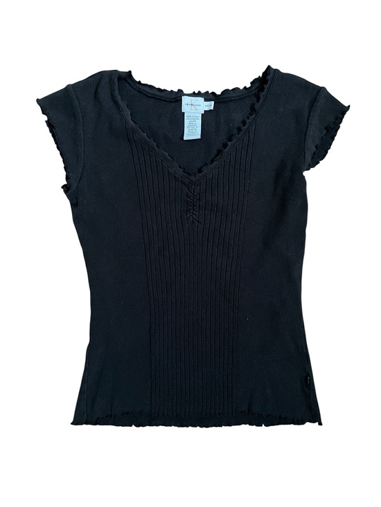Calvin Klein Jeans Tops - Calvin Klein Jeans Black Ribbed V-Neck Cap Sleeve Top with Lettuce Trim